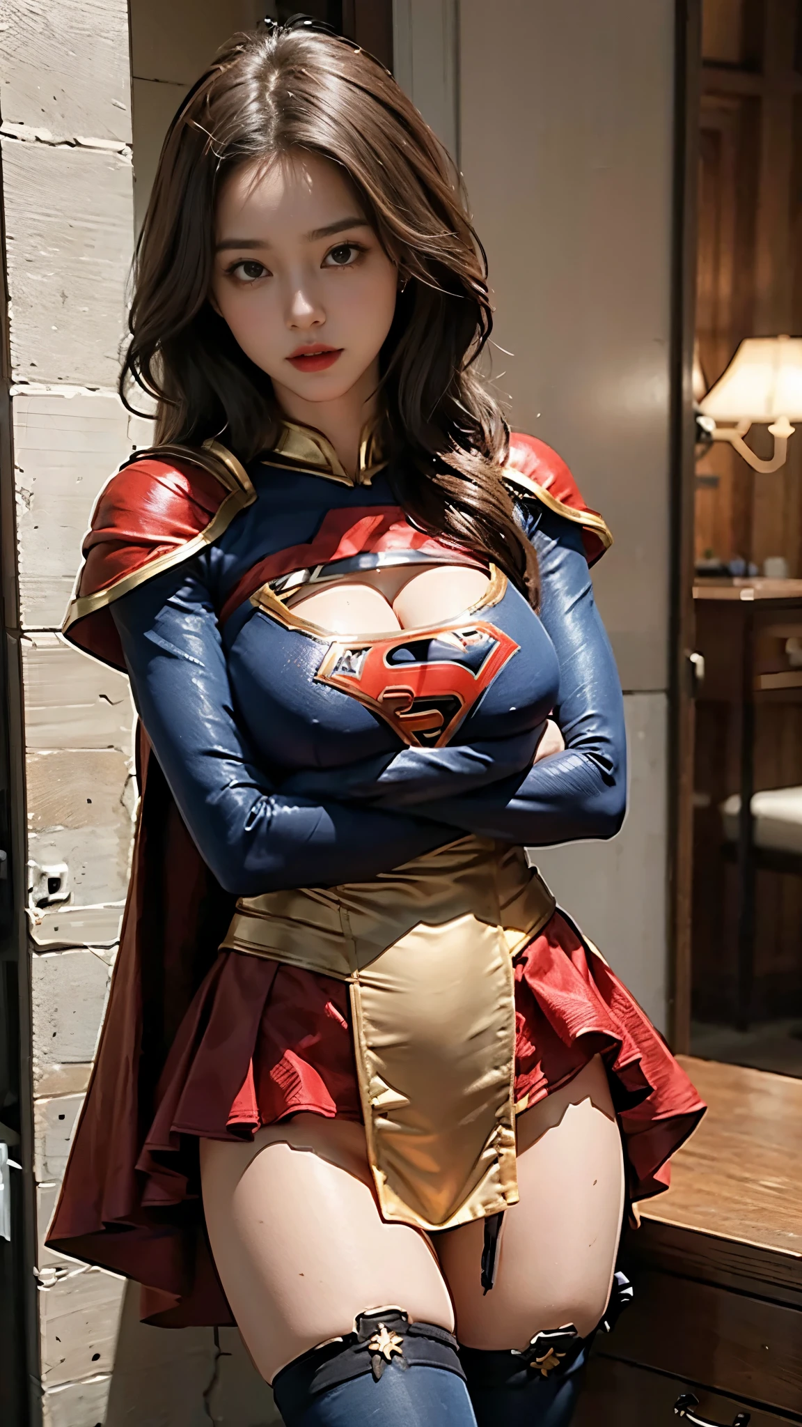 Woman body set big breasts, cleavage, Supergirl costume dress, BROWN HAIR