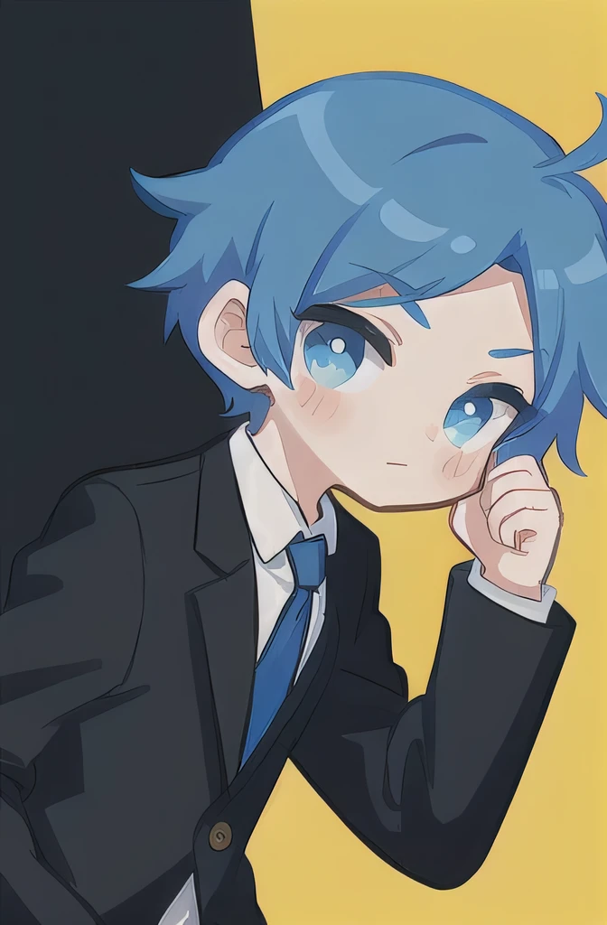 Boy wearing a suit, blue hair, black suit