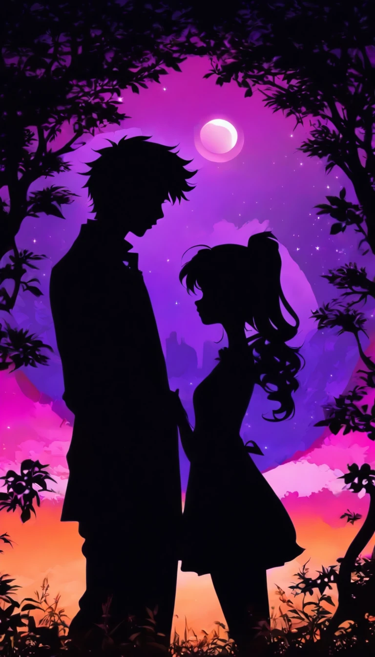 (silhouette art,Cutout:1.6)
(((Paper cutting art,A world where only black exists:1.3)
man and woman turn away from each other,
(girl,profile:1.2),white, Clean and beautiful face、Full Moon Behind
break
(sunrise、purplish color,Grass:6.1)
white solid glass background,
