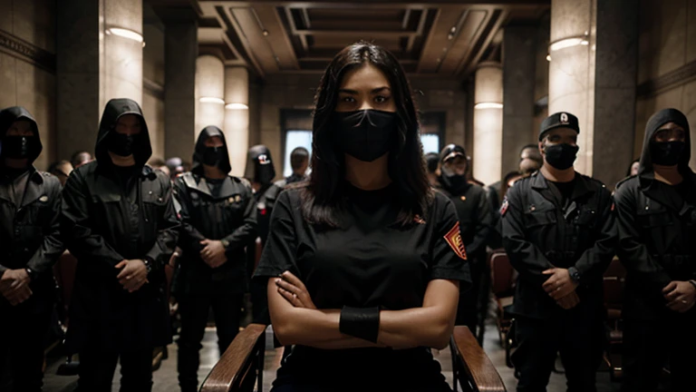 Compose a striking and cinematic photograph featuring a beautiful Malay woman wearing a full-faced Oni Mask and a tactical outfit, seated on a throne as the leader of a mafia gang, surrounded by her loyal male followers. Use dramatic and moody lighting techniques to create a compelling atmosphere that highlights the intensity and power dynamic within the group. Pay special attention to the woman's confident and enigmatic expression as she commands the respect and allegiance of her followers. Capture the essence of their unity and authority, evoking a sense of intrigue and strength that defines their presence in the underworld, 28mm, Establishing shot, muted color grading, cinemascope, thriller, high quality, ultra detail, 8k resolution,