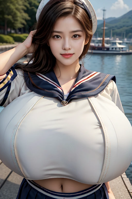 8K、highest quality、Masterpiece、Highest quality、High resolution、photograph、Full body photo、Super-class、Japanese women、beautiful girl、high school girl、Young face、Baby Face、Brown Hair、Short Hair、(((Sailor suit:1.5)))、(((smile)))、(((Super detailed face)))、(((Insanely huge boobs:1.5)))、(((Unbelievably huge boobs:1.5)))、Slim waist、Big Ass、tall、Long legs