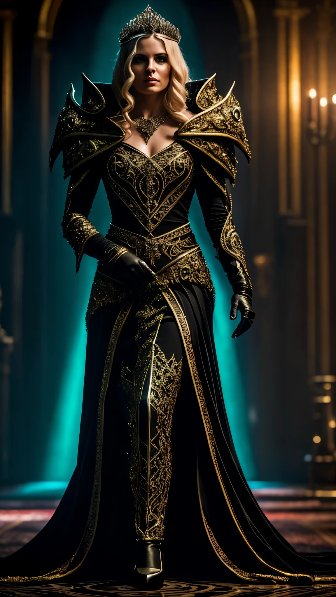 fully covered clothes, Full-length cinematic portrait of a woman in her 30s with a malevolent smirk. Her piercing eyes gleam with a hint of madness. Flowing golden hair cascades down her back, a stark contrast to the cold, jagged edges of the regal golden crown upon her head. She's draped in a flowing, richly jeweled gown, reminiscent of a corrupted queen. A clawed hand, adorned in a menacing black glove, prominently displays a grotesque poison ring. The ring, the centerpiece of the image, is crafted from twisted black metal and features a massive, flawless green emerald pulsating with an unnatural glow. Several dark, glistening pools of blood stain the opulent floor around the woman's feet, a testament to her deadly touch. The background is a chilling blur, hinting at the vast, opulent hall that serves as her stage of cruelty. A single, dramatic ray of light illuminates the woman and the ring, casting the rest of the scene in ominous shadow. Art style: cinematic, hyperrealistic, dark fantasy.
