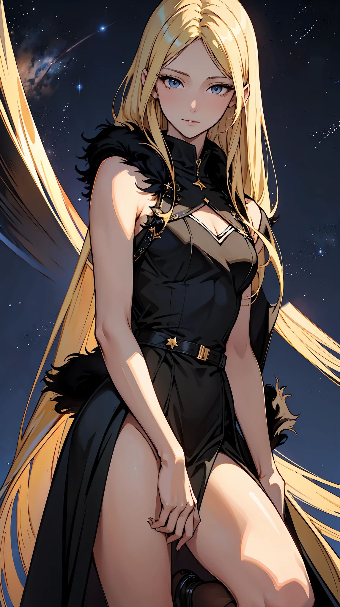 Masterpiece, Super High Quality, Beautiful Details, Highly Detailed,16k, Exquisite, Absurd, High Resolution, Beautiful Background, Beautiful Eyes, Beautiful Skin, Anime Style, Maetel, Solo Girl, Alone, Looking at the Viewer, Gentle smile, full body of a woman, upper body focus, blond hair, very long hair, elongated eyes, brown eyes, very long eyelashes, very long hair, glossy lips, closed mouth, expressionless, slender tall body, , BREAK jet black fur dress, fur trim, capelette, jet black footwear, break knight, star \(sky\), star ry sky, space, SL train flying in the sky