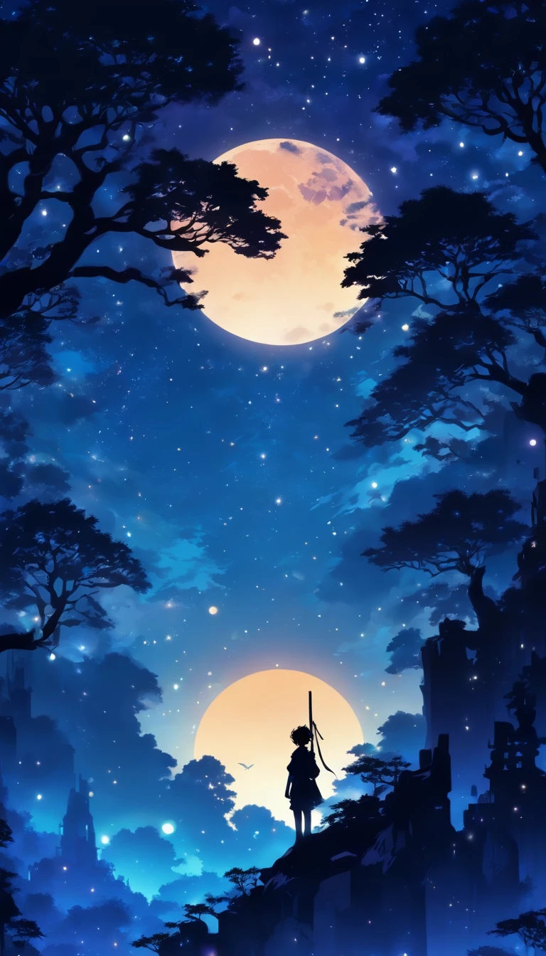 (silhouette art,)
(((Paper cutting art,A world where only black exists:1.3)，
(bottom shot),1 boy,alone,
(jk,profile:1.2),white,,Countless meteors、The Moon Behind、
break
(dark moon)
textured glass background,Tarot card atmosphere、Atmosphere of the Galaxy Express,blue one color background,blue one color