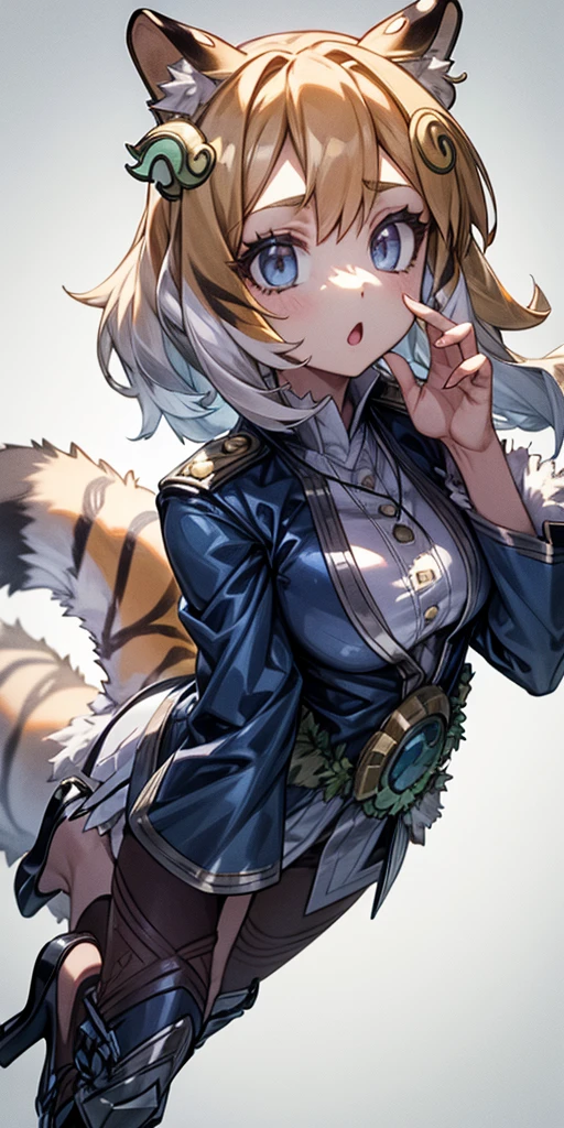 1girl, white silver long hair, big eyes, white dress, black stockings, white high heels, jewelry necklace, fur coat, portrait, tiger tail, tiger ears, fluffy ears, tiger bikini