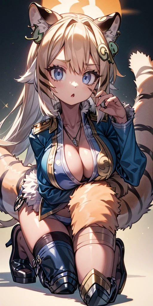 1girl, white silver long hair, big eyes, white dress, black stockings, white high heels, jewelry necklace, fur coat, portrait, tiger tail, tiger ears, fluffy ears, tiger bikini