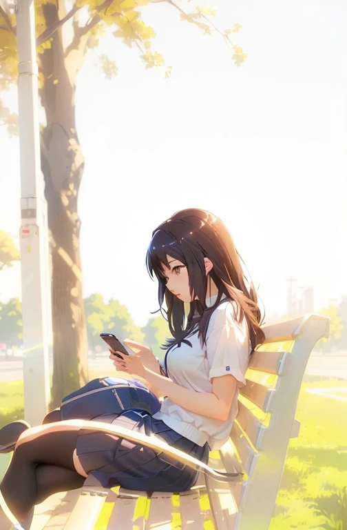 anime girl sitting on a bench looking at her cell phone, anime visual of a cute girl, artwork in the style of guweiz, ( ( makoto shinkai ) ), anime. soft lighting, realistic anime 3 d style, makoto shinkai style, makoto shinkai art style, in style of makoto shinkai, style of makoto shinkai