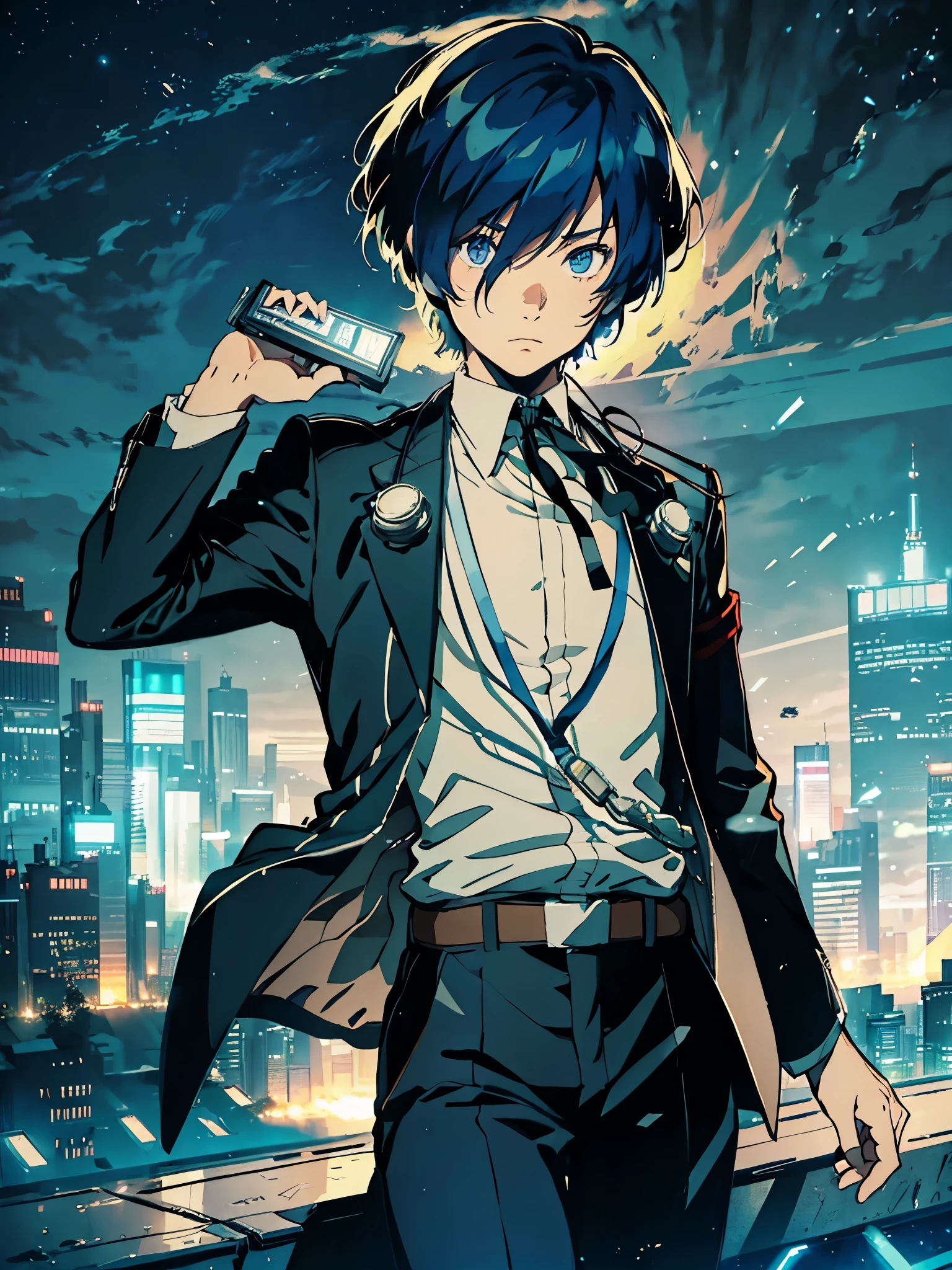 Solo, 1 boy, Makoto yuki, cool pose, perfect anatomy, neat lineart,4k, city landscape scenery, looking at camera, glowing lights in the background, black roses on the ground, 
, jacket, ribbon, armband, digital media player, dark blue hair, black jacket, white shirt, ribbon on neck, short hair, hair covering one eye, gloomy expression