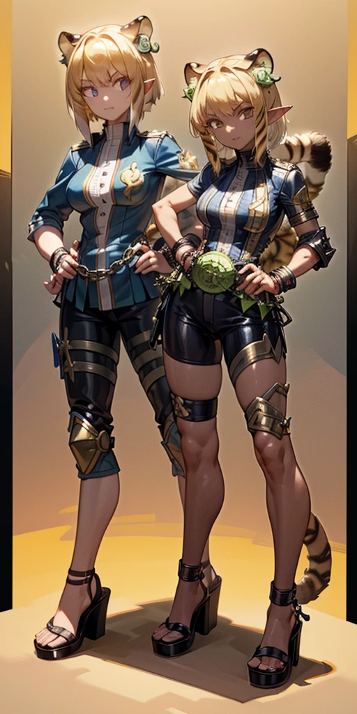 (Masterpiece, best quality, 4k) (black gyaru darkest skin) (pointy ears) (tiger tail) (Selvaria Bles) wearing yellowish tiger print bikini, hands on hips, full body golden = (shackles wristbands, chains, bracers, handcuffs) leather collar choker, metal sandals, big knockers, happy closed mouth red cheeks