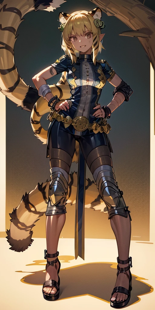 (Masterpiece, best quality, 4k) (black gyaru darkest skin) (pointy ears) (tiger tail) (Selvaria Bles) wearing yellowish tiger print bikini, hands on hips, full body golden = (shackles wristbands, chains, bracers, handcuffs) leather collar choker, metal sandals, big knockers, happy closed mouth red cheeks