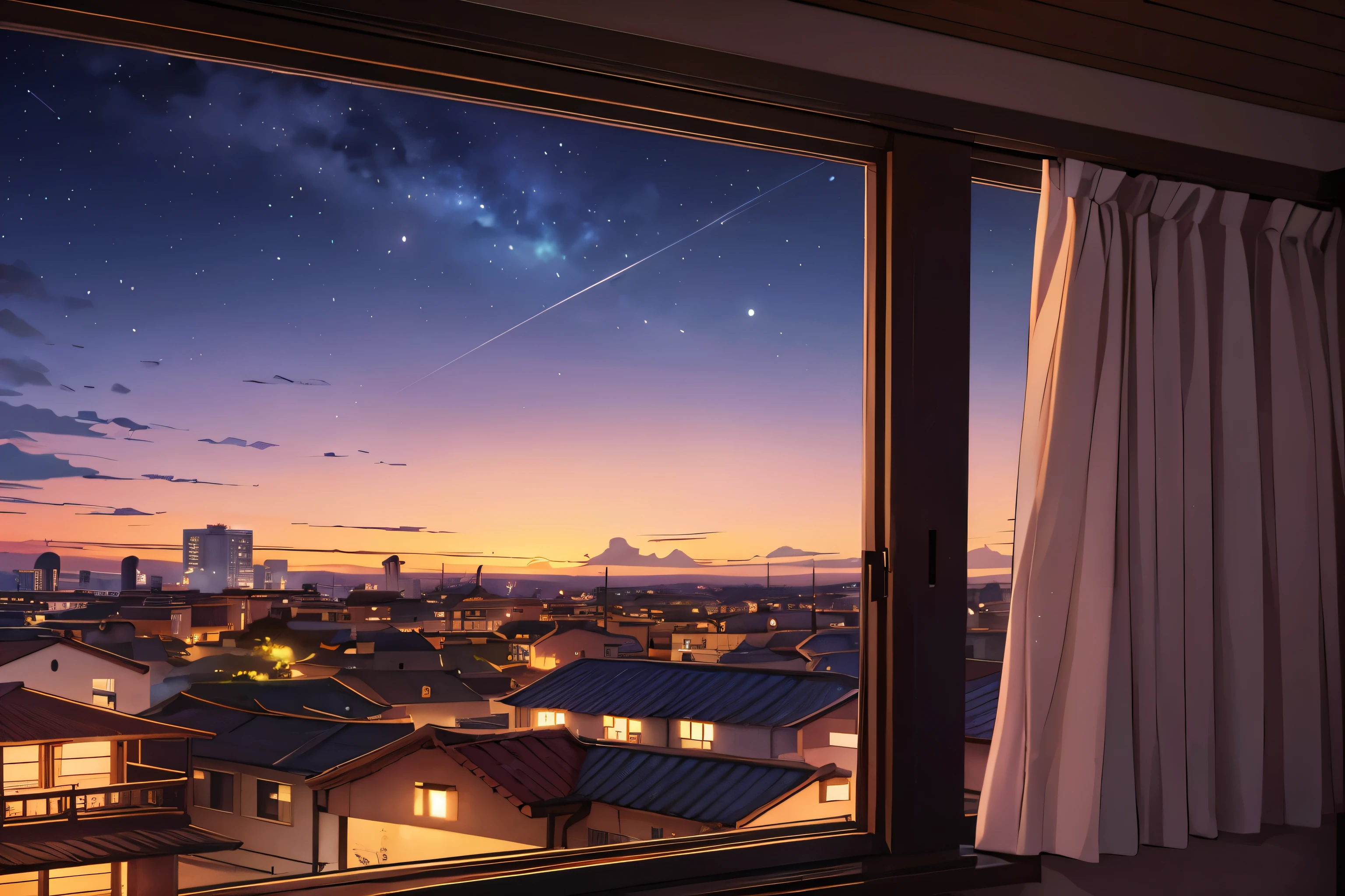 Steven universe environement, houses, cozy town, cityscape, Garnet visible in distance, beautful night sunset sky, view from a bedroom window