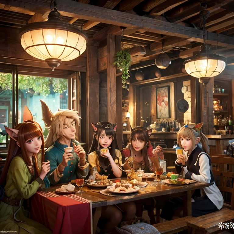 A group of anime characters and various anthropomorphic animals, including catgirls and elves, sit around a table,Enjoying food and drinks,The atmosphere is lively and lively。The roles have(Beautiful and delicate eyes,Beautiful and delicate lips,Extremely detailed eyes and face,Long eyelashes)。They are depicted in popular anime style,Set in an otherworldly environment with fantasy elements。The scene resembles a still from the TV anime series,Captures moments of everyday life in the world of animation。 This work of art has(high quality:1.2、4k resolution、lifelike),Featuring ultra-detailed visuals,Exhibits complex design of characters and environments。Lighting is carefully designed,Bright colors,Focus is clear,Create a studio-like atmosphere。Rich scene textures,showing traditional illustrations、oil painting、3D Rendering、The use of various materials such as photography technology。 There are all kinds of delicious food around the characters(anime themed food:1.1、Mouthwatering desserts、unique drinks),Create an active atmosphere。The food is intricately detailed,Demonstrates the artist's attention to detail in creating appetizing and visually appealing dishes。The scene is reminiscent of a festive gathering,Highlight the joy of sharing food and companionship。 The composition and framing of the artwork captures the essence of the anime genre,Emphasis is on character interaction and dynamic poses。Each character's personality comes through in their expressions、poses and clothing show,Adds depth and complexity to scenes。the background depicts an otherworldly environmen elements are inspired by fantasy and adventure。 (concept art:1.1、landscape、portrait)The use of technology adds depth and dimension to the overall artwork。