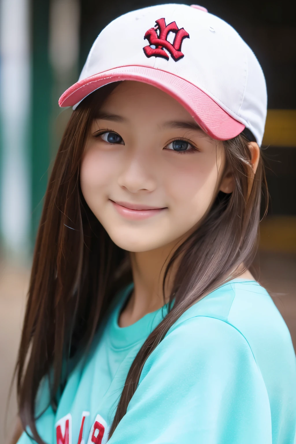 13 years old。smile、Beautiful eyes、Beautiful colored clothes、Baseball cap