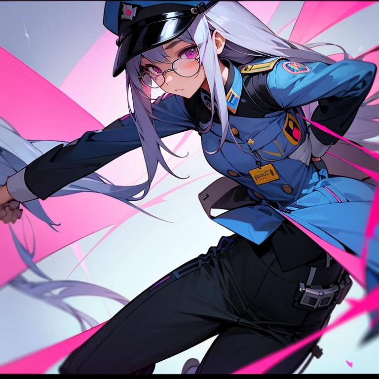 a female soldier with name tag f. Jiya, with long silver hair, blue and pink eyes, slim and tall body, wear rectangular glasses and uniform with blue, pink and black colors.