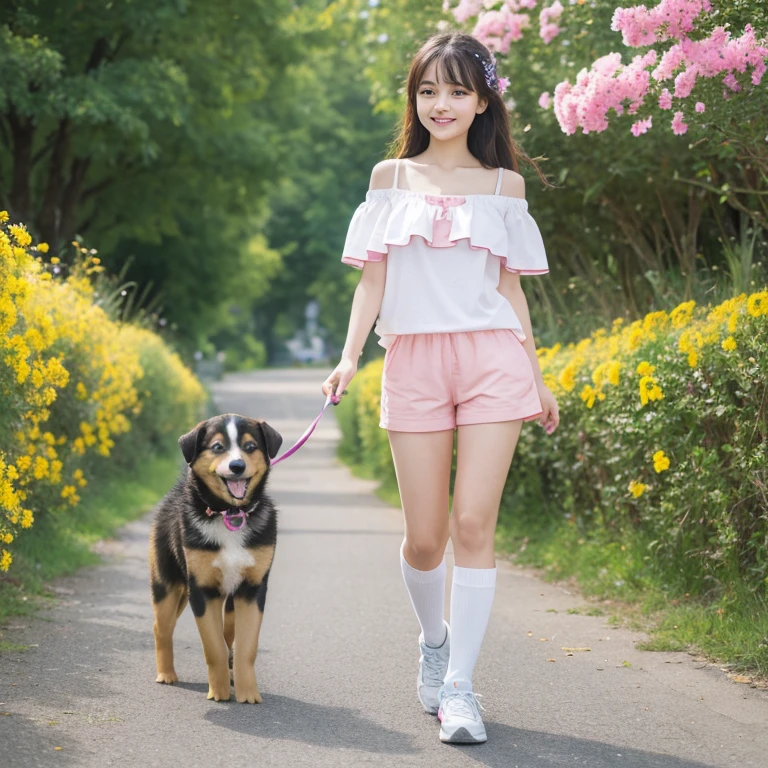 Highest quality,Front shot、Very attractive with a backpack, (((Standing and playing with a cute puppy))), Enjoy a lovely spring outing surrounded by beautiful yellow flowers and natural scenery. 1 girl,Cute face,smile,Off the shoulder、tight shorts、Knee socks、,Pink sneakers,The illustrations are in high resolution with 4K resolution., 12 year old girl with highly detailed facial features,Perfect hands,Perfect legs ,Cleavage