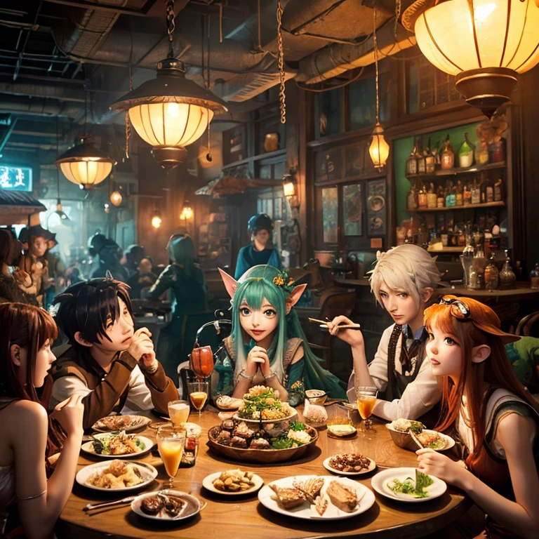 A group of anime characters and various anthropomorphic animals, including catgirls and elves, sit around a table，Enjoying food and drinks，The atmosphere is lively and lively。The roles have（Beautiful and delicate eyes，Beautiful and delicate lips，Extremely detailed eyes and face，Long eyelashes）。They are depicted in popular anime style，Set in an otherworldly environment with fantasy elements。The scene resembles a still from the TV anime series，Captures moments of everyday life in the world of animation。 This work of art has（high quality：1.2、4k resolution、lifelike），Featuring ultra-detailed visuals，Exhibits complex design of characters and environments。Lighting is carefully designed，Bright colors，Focus is clear，Create a studio-like atmosphere。Rich scene textures，showing traditional illustrations、oil painting、3D Rendering、The use of various materials such as photography technology。 There are all kinds of delicious food around the characters（anime themed food：1.1、Mouthwatering desserts、unique drinks），Create an active atmosphere。The food is intricately detailed，Demonstrates the artist&#39;s attention to detail in creating appetizing and visually appealing dishes。The scene is reminiscent of a festive gathering，Highlight the joy of sharing food and companionship。 The composition and framing of the artwork captures the essence of the anime genre，Emphasis is on character interaction and dynamic poses。Each character&#39;s personality comes through in their expressions、poses and clothing show，Adds depth and complexity to scenes。the background depicts an otherworldly environmen elements are inspired by fantasy and adventure。 （concept art：1.1、landscape、portrait）The use of technology adds depth and dimension to the overall artwork。 