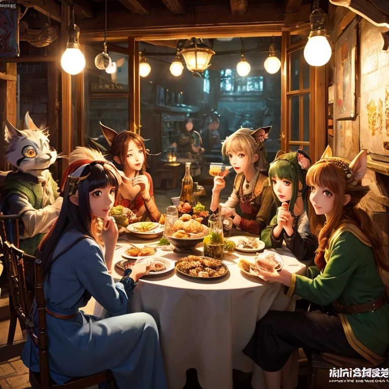 A group of anime characters and various anthropomorphic animals, including catgirls and elves, sit around a table，Enjoying food and drinks，The atmosphere is lively and lively。The roles have（Beautiful and delicate eyes，Beautiful and delicate lips，Extremely detailed eyes and face，Long eyelashes）。They are depicted in popular anime style，Set in an otherworldly environment with fantasy elements。The scene resembles a still from the TV anime series，Captures moments of everyday life in the world of animation。 This work of art has（high quality：1.2、4k resolution、lifelike），Featuring ultra-detailed visuals，Exhibits complex design of characters and environments。Lighting is carefully designed，Bright colors，Focus is clear，Create a studio-like atmosphere。Rich scene textures，showing traditional illustrations、oil painting、3D Rendering、The use of various materials such as photography technology。 There are all kinds of delicious food around the characters（anime themed food：1.1、Mouthwatering desserts、unique drinks），Create an active atmosphere。The food is intricately detailed，Demonstrates the artist&#39;s attention to detail in creating appetizing and visually appealing dishes。The scene is reminiscent of a festive gathering，Highlight the joy of sharing food and companionship。 The composition and framing of the artwork captures the essence of the anime genre，Emphasis is on character interaction and dynamic poses。Each character&#39;s personality comes through in their expressions、poses and clothing show，Adds depth and complexity to scenes。the background depicts an otherworldly environmen elements are inspired by fantasy and adventure。 （concept art：1.1、landscape、portrait）The use of technology adds depth and dimension to the overall artwork。 