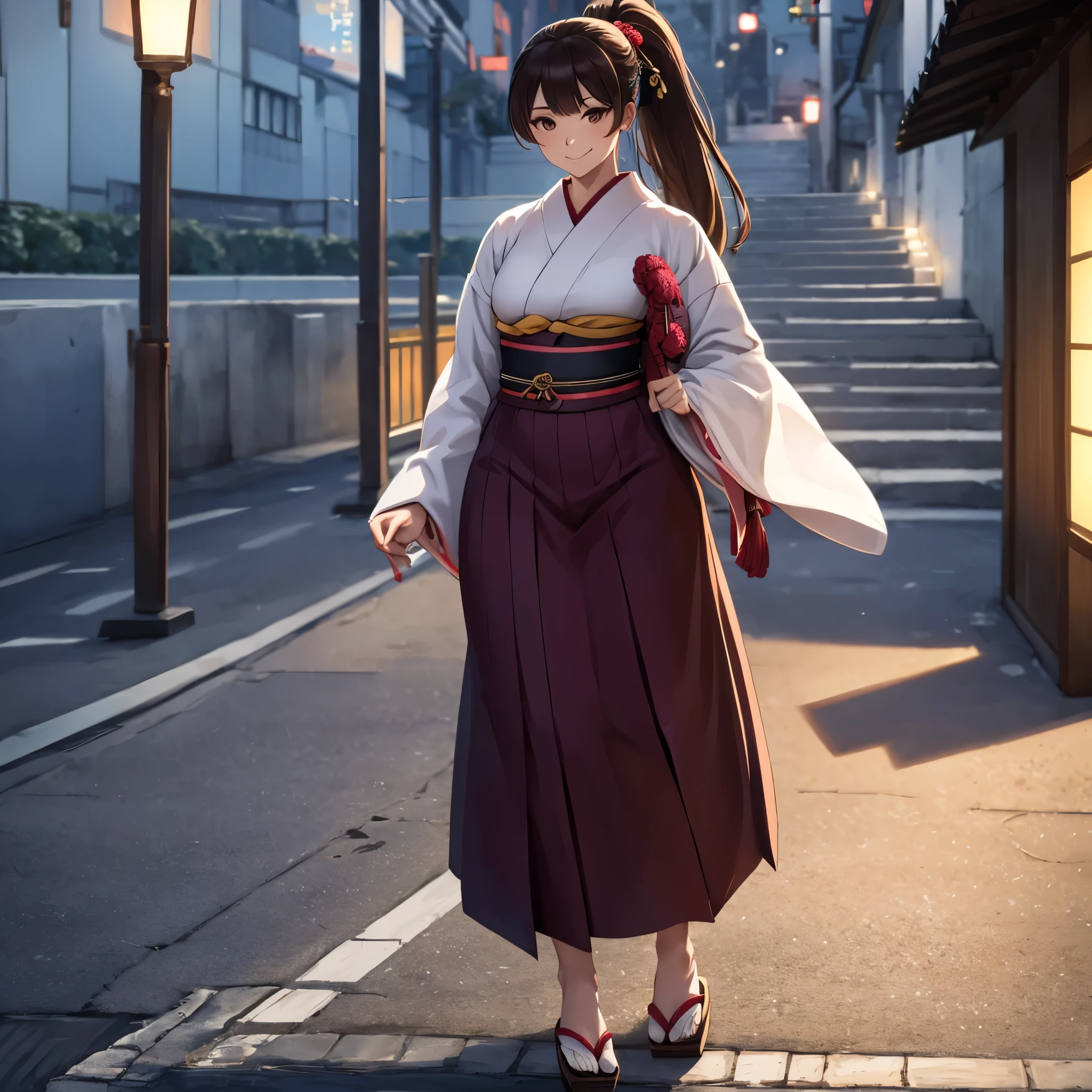 A woman wearing a long-sleeved Yukata, long skirt, white yukata with black details, wearing traditional Japanese shoes, long brown hair, brown eyes, ponytail hair, smiling, full body, walking on a concrete sidewalk, overlooking a Japanese city well below the place, at night, with traditional Japanese street lighting, a darkened place with lighting, shadow projected, atmospheric perspective, flourish, 8k, super detail, accurate, best quality, UHD, anatomically correct, textured skin, high quality, high resolution, best quality (solo woman)

