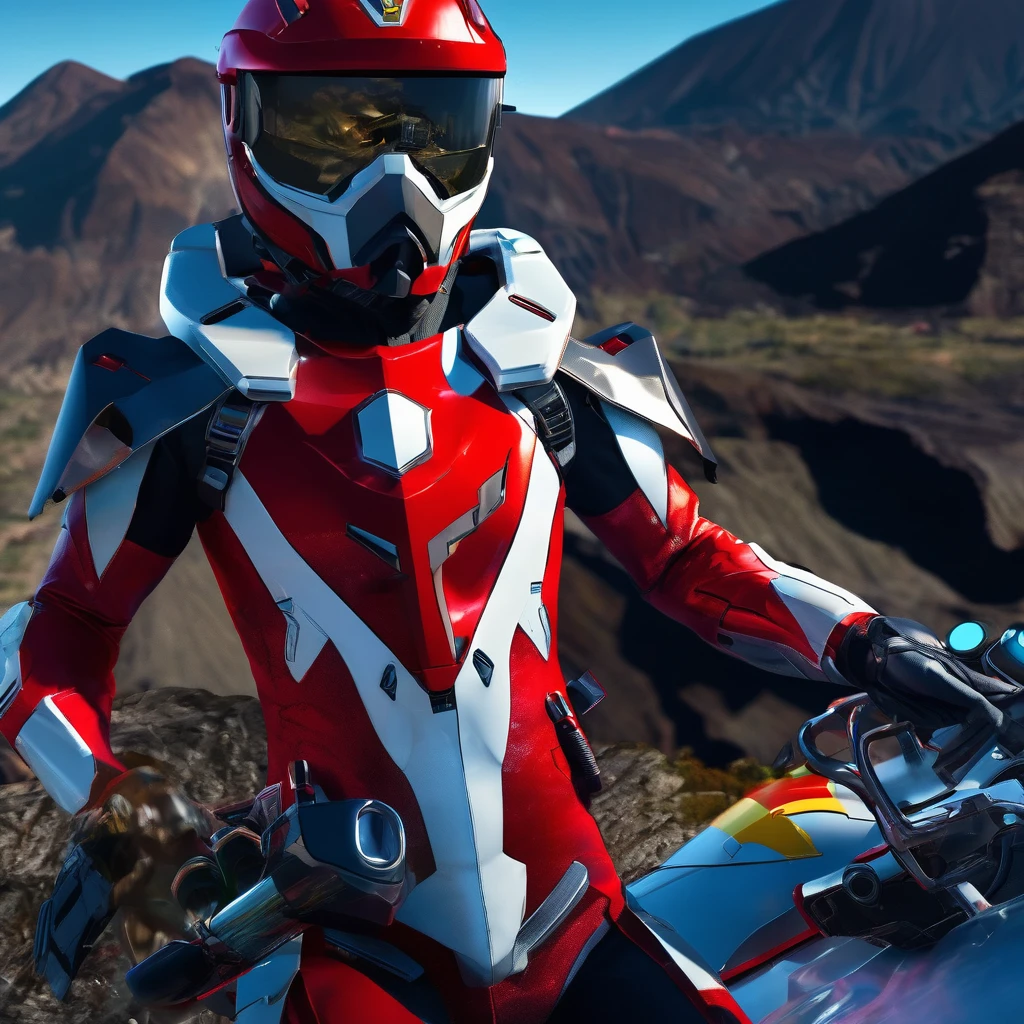 (best quality,4k,highres,masterpiece:1.2),ultra-detailed,(realistic,photorealistic,photo-realistic:1.37),illustration,er Voltron red lion,pilot outfit,sexy,high tech,cute woman,cockpit,near a volcano,metallic textures,fiery reds,smoke,hot temperatures,expertly crafted suit,intense lighting,emerging steam,commanding presence,shiny surfaces,detailed buttons,glowing monitors,adrenaline rush,levers and knobs,natural backlighting,distorted heatwaves,digital displays,highly detailed cockpit controls,exhaust vents,contrast with the rugged volcano,reflective surfaces