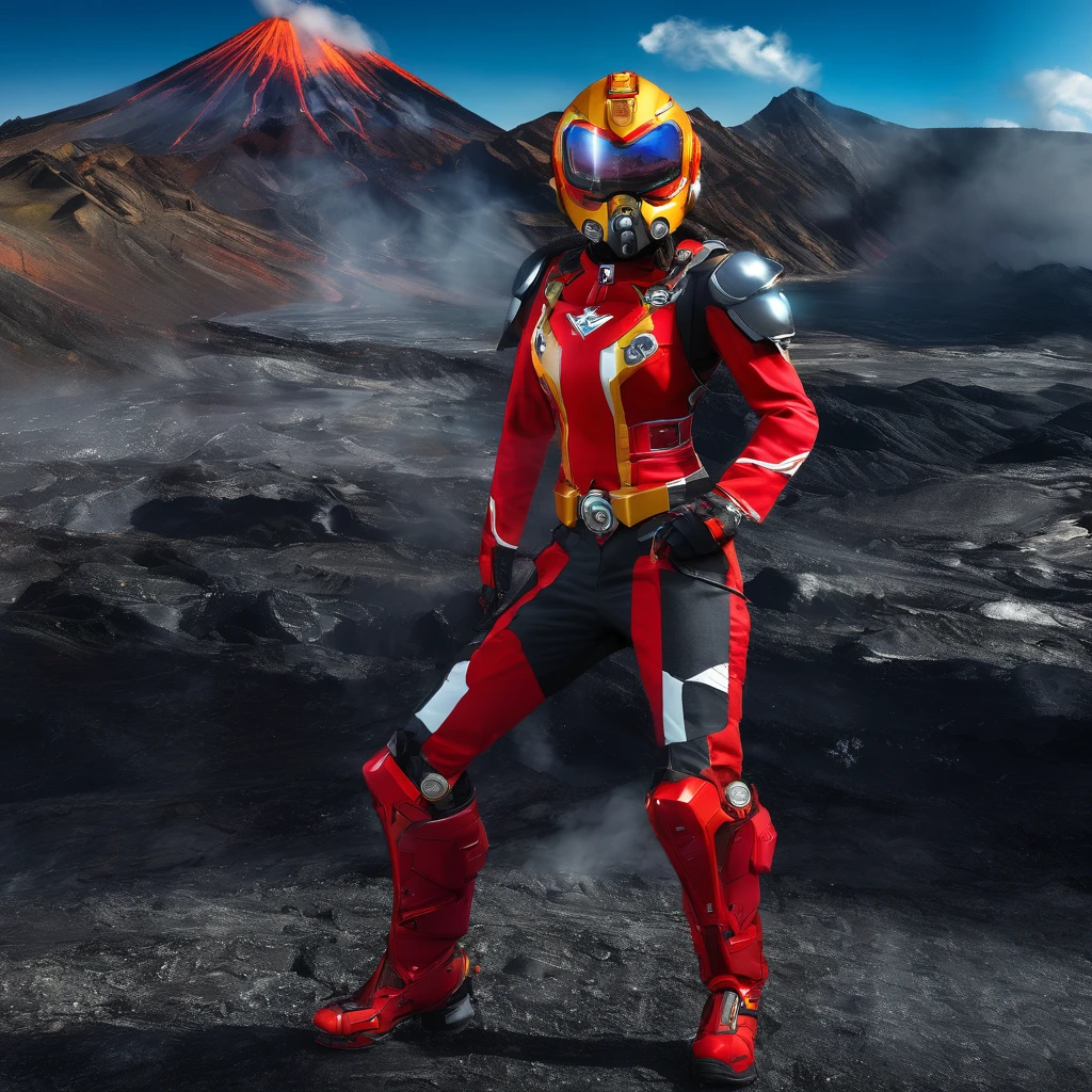 (best quality,4k,highres,masterpiece:1.2),ultra-detailed,(realistic,photorealistic,photo-realistic:1.37),illustration,er Voltron red lion,pilot outfit,sexy,high tech,cute woman,cockpit,near a volcano,metallic textures,fiery reds,smoke,hot temperatures,expertly crafted suit,intense lighting,emerging steam,commanding presence,shiny surfaces,detailed buttons,glowing monitors,adrenaline rush,levers and knobs,natural backlighting,distorted heatwaves,digital displays,highly detailed cockpit controls,exhaust vents,contrast with the rugged volcano,reflective surfaces