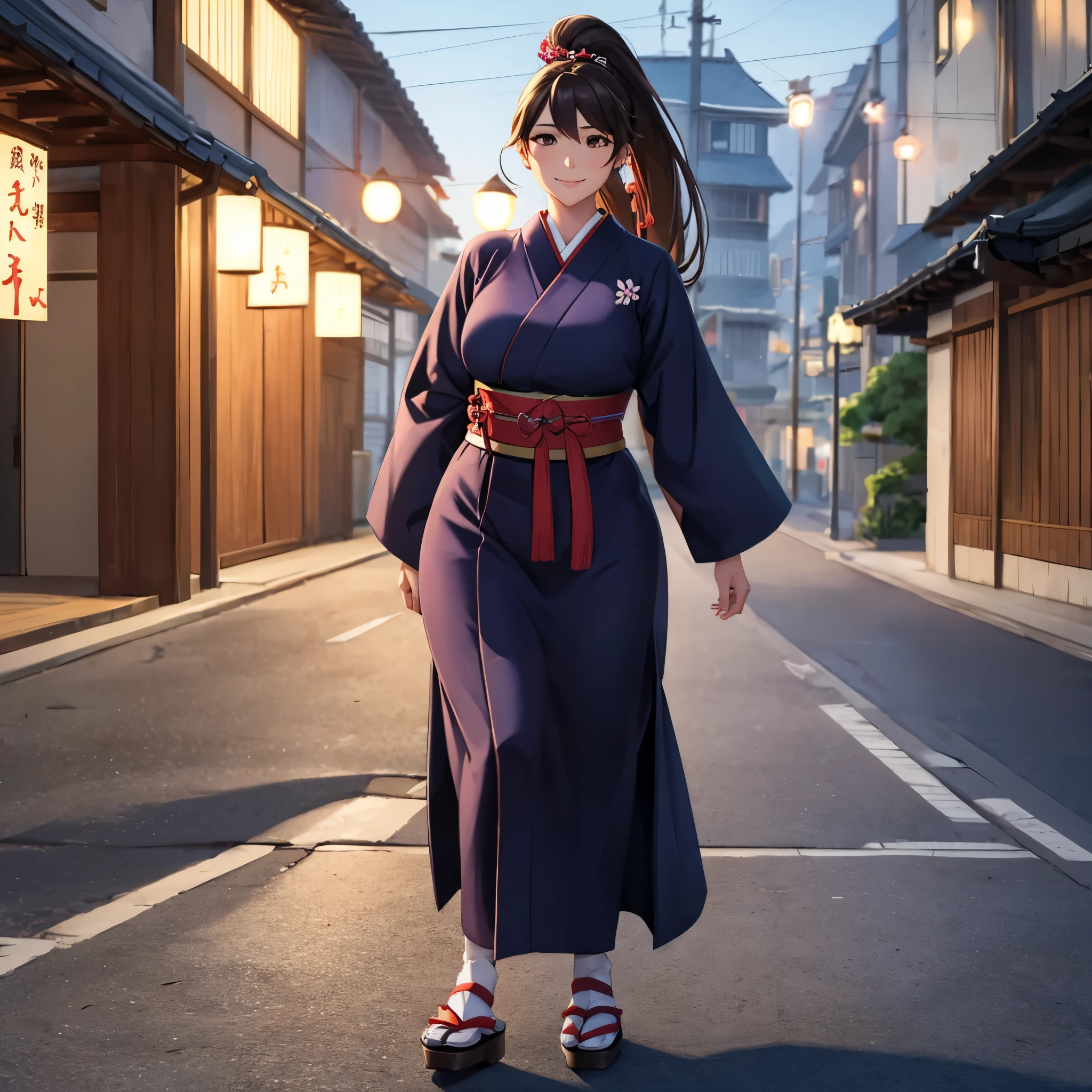 A woman wearing a long-sleeved Yukata, long skirt, white yukata with black details, wearing traditional Japanese shoes, long brown hair, brown eyes, ponytail hair, smiling, full body, walking on a concrete sidewalk, overlooking a Japanese city well below the place, at night, with traditional Japanese street lighting, a darkened place with lighting, shadow projected, atmospheric perspective, flourish, 8k, super detail, accurate, best quality, UHD, anatomically correct, textured skin, high quality, high resolution, best quality (solo woman)

