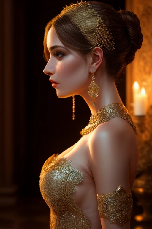 masterpiece, side profile, body portrait, adult Babylonian woman, intricate, elegant, feminine, very beautiful, revealing, luscious, oiled porcelain skin, romantic ambiance, mood lighting, ray tracing, ultra detailed, ultra realistic