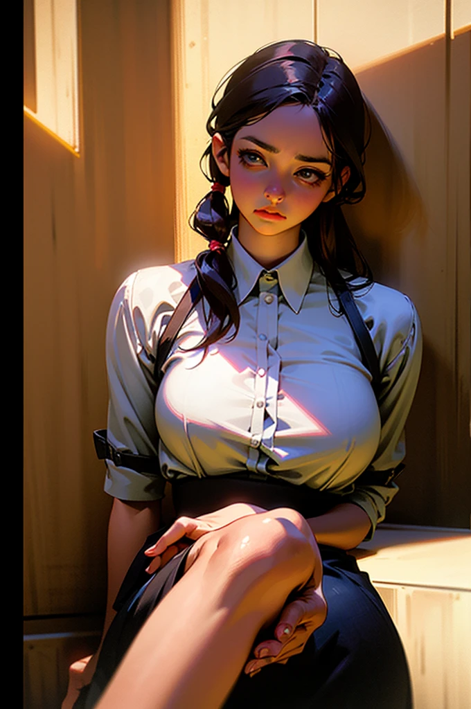 8K, top quality, masterpiece:1.2), (realistic, photo-realistic:1.37), top quality, masterpiece, beautiful young woman, thoughtful expression, thoughtful look, elegantly dressed, hair tied back, dirty mood, cinematic background, tired, light skin tone, black skirt, toe to toe, big hips, big neckline shirt