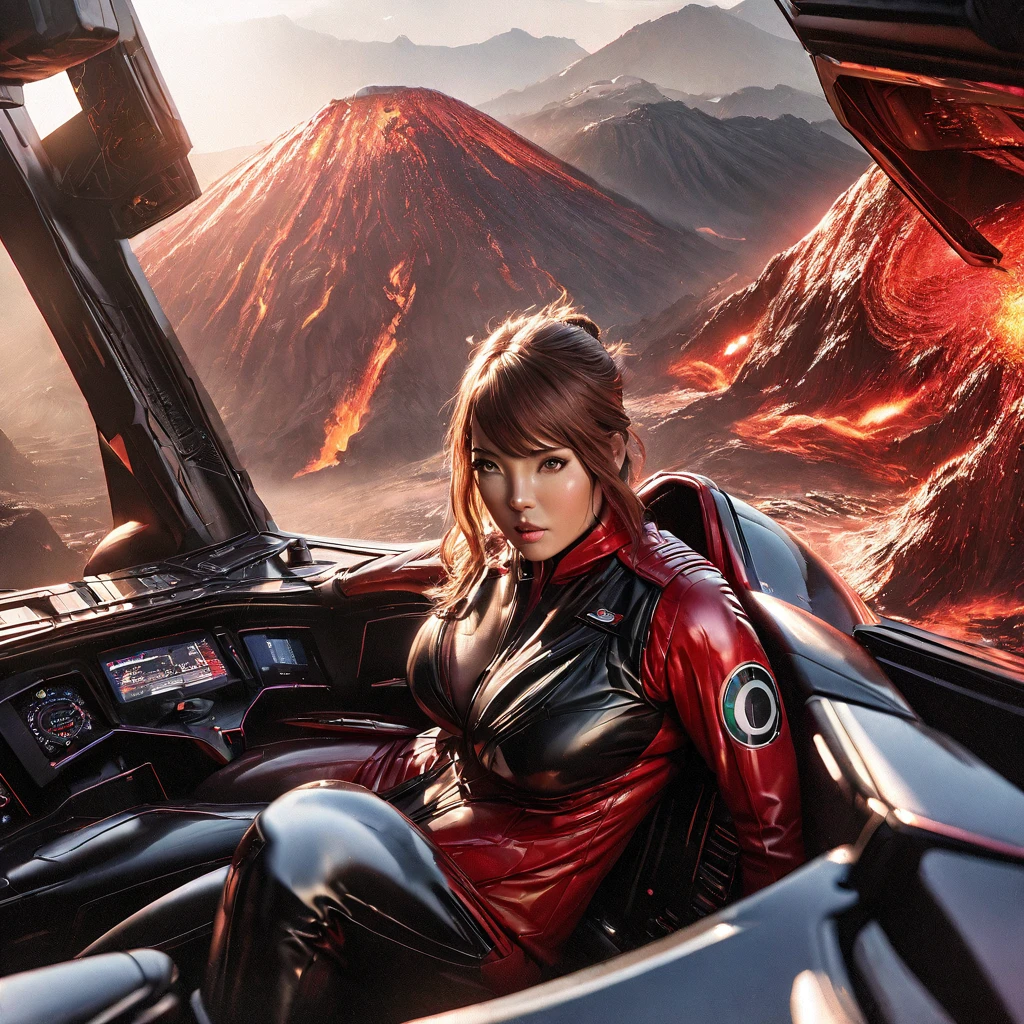 (best quality,4k,highres,masterpiece:1.2),ultra-detailed,(realistic,photorealistic,photo-realistic:1.37),illustration,er Voltron red lion,pilot outfit,sexy,high tech,cute woman,cockpit,near a volcano,metallic textures,fiery reds,smoke,hot temperatures,expertly crafted suit,intense lighting,emerging steam,commanding presence,shiny surfaces,detailed buttons,glowing monitors,adrenaline rush,levers and knobs,natural backlighting,distorted heatwaves,digital displays,highly detailed cockpit controls,exhaust vents,contrast with the rugged volcano,reflective surfaces