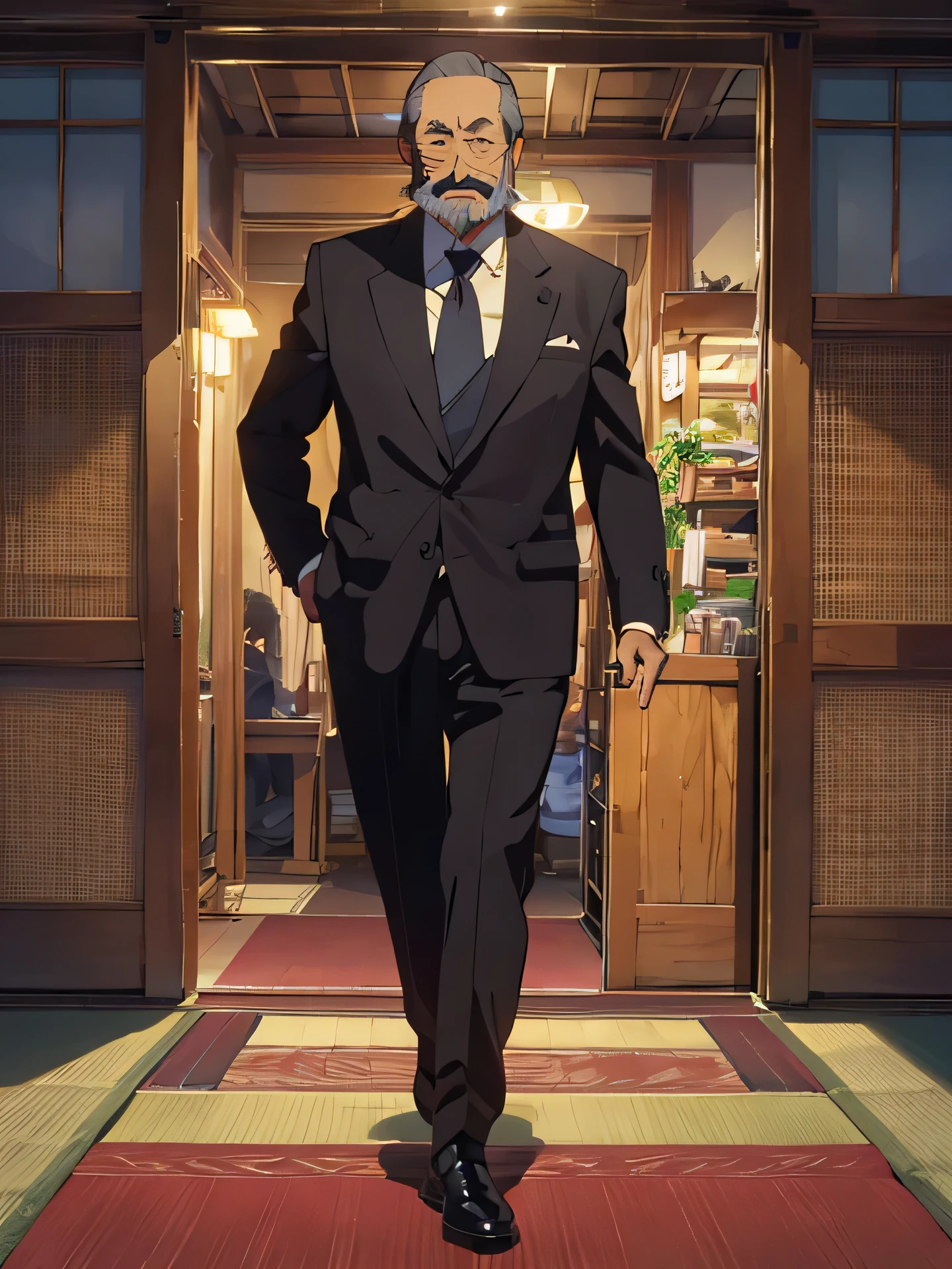 Wearing a black tabard suit、Cigar in mouth、A 60-year-old Japanese man with a beard and a grin、Full body description、front、Only one person depicted
