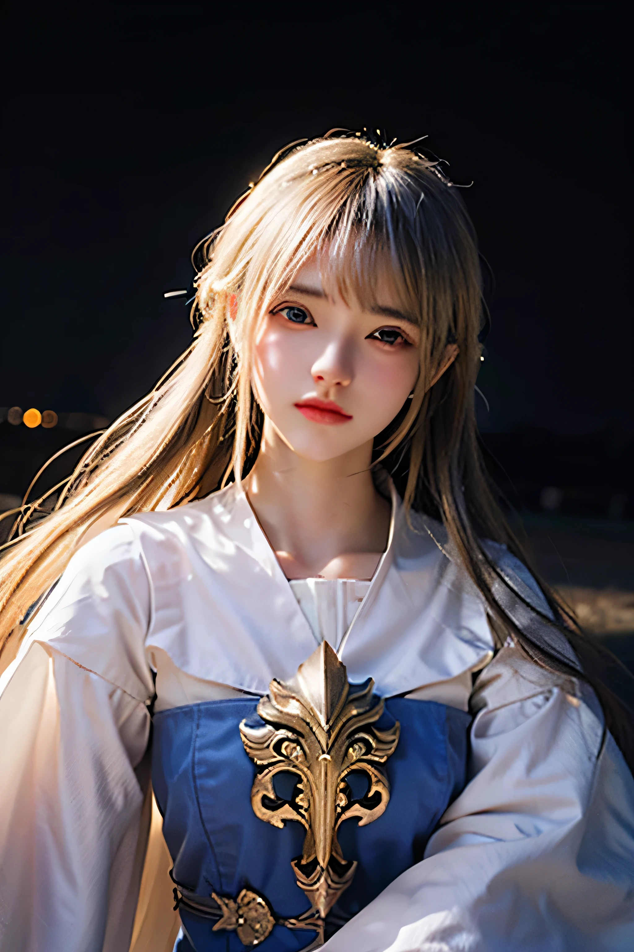 1girl, Realistic, Female Saint Armor, Blonde Hair, Night Sky, Ultra Detail, 70mm Lens, Background Fantasy Kingdom, Realistic Background, 4K, 