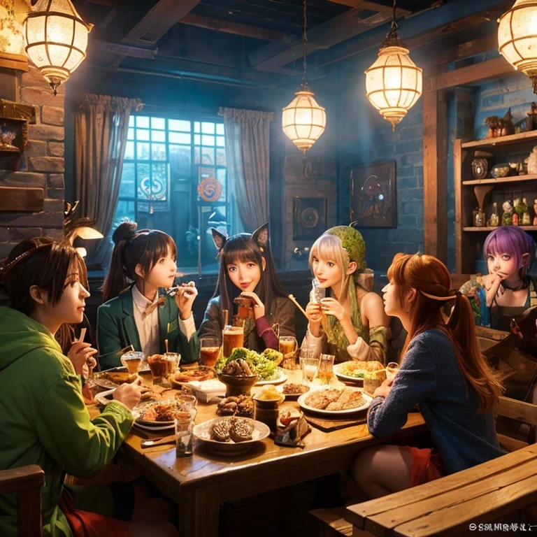 A group of anime characters, various anthropomorphic animals, including cat girls, elves, anthropomorphic lizards, sit around the table，Enjoying food and drinks，The atmosphere is lively and lively。The roles have（Beautiful and delicate eyes，Beautiful and delicate lips，Extremely detailed eyes and face，Long eyelashes）。They are depicted in popular anime style，Set in an otherworldly environment with fantasy elements。The scene resembles a still from the TV anime series，Captures moments of everyday life in the world of animation。 This work of art has（high quality：1.2、4k resolution、lifelike），Featuring ultra-detailed visuals，Exhibits complex design of characters and environments。Lighting is carefully designed，Bright colors，Focus is clear，Create a studio-like atmosphere。Rich scene textures，showing traditional illustrations、oil painting、3D Rendering、The use of various materials such as photography technology。 There are all kinds of delicious food around the characters（anime themed food：1.1、Mouthwatering desserts、unique drinks），Create an active atmosphere。The food is intricately detailed，Demonstrates the artist&#39;s attention to detail in creating appetizing and visually appealing dishes。The scene is reminiscent of a festive gathering，Highlight the joy of sharing food and companionship。 The composition and framing of the artwork captures the essence of the anime genre，Emphasis is on character interaction and dynamic poses。Each character&#39;s personality comes through in their expressions、poses and clothing show，Adds depth and complexity to scenes。the background depicts an otherworldly environmen elements are inspired by fantasy and adventure。 （concept art：1.1、landscape、portrait）The use of technology adds depth and dimension to the overall artwork。 