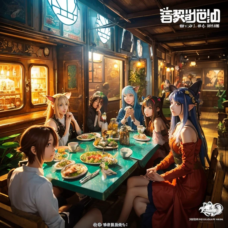 A group of anime characters, various anthropomorphic animals, including cat girls, elves, anthropomorphic lizards, sit around the table，Enjoying food and drinks，The atmosphere is lively and lively。The roles have（Beautiful and delicate eyes，Beautiful and delicate lips，Extremely detailed eyes and face，Long eyelashes）。They are depicted in popular anime style，Set in an otherworldly environment with fantasy elements。The scene resembles a still from the TV anime series，Captures moments of everyday life in the world of animation。 This work of art has（high quality：1.2、4k resolution、lifelike），Featuring ultra-detailed visuals，Exhibits complex design of characters and environments。Lighting is carefully designed，Bright colors，Focus is clear，Create a studio-like atmosphere。Rich scene textures，showing traditional illustrations、oil painting、3D Rendering、The use of various materials such as photography technology。 There are all kinds of delicious food around the characters（anime themed food：1.1、Mouthwatering desserts、unique drinks），Create an active atmosphere。The food is intricately detailed，Demonstrates the artist&#39;s attention to detail in creating appetizing and visually appealing dishes。The scene is reminiscent of a festive gathering，Highlight the joy of sharing food and companionship。 The composition and framing of the artwork captures the essence of the anime genre，Emphasis is on character interaction and dynamic poses。Each character&#39;s personality comes through in their expressions、poses and clothing show，Adds depth and complexity to scenes。the background depicts an otherworldly environmen elements are inspired by fantasy and adventure。 （concept art：1.1、landscape、portrait）The use of technology adds depth and dimension to the overall artwork。 