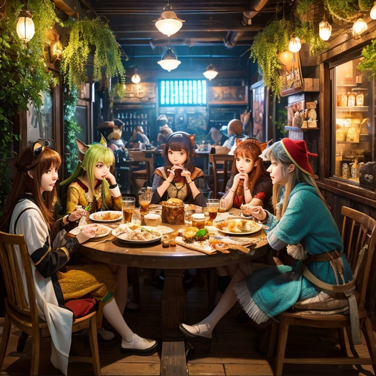 Group of anime characters anthropomorphic animal cat girls sitting around a table,Enjoying food and drinks,The atmosphere is lively and lively。The roles have(Beautiful and delicate eyes,Beautiful and delicate lips,Extremely detailed eyes and face,Long eyelashes)。They are depicted in popular anime style,Set in an otherworldly environment with fantasy elements。The scene resembles a still from the TV anime series,Captures moments of everyday life in the world of animation。 This work of art has(high quality:1.2、4k resolution、lifelike),Featuring ultra-detailed visuals,Exhibits complex design of characters and environments。Lighting is carefully designed,Bright colors,Focus is clear,Create a studio-like atmosphere。Rich scene textures,showing traditional illustrations、oil painting、3D Rendering、The use of various materials such as photography technology。 There are all kinds of delicious food around the characters(anime themed food:1.1、Mouthwatering desserts、unique drinks),Create an active atmosphere。The food is intricately detailed,Demonstrates the artist's attention to detail in creating appetizing and visually appealing dishes。The scene is reminiscent of a festive gathering,Highlight the joy of sharing food and companionship。 The composition and framing of the artwork captures the essence of the anime genre,Emphasis is on character interaction and dynamic poses。Each character's personality comes through in their expressions、poses and clothing show,Adds depth and complexity to scenes。the background depicts an otherworldly environmen elements are inspired by fantasy and adventure。 (concept art:1.1、landscape、portrait)The use of technology adds depth and dimension to the overall artwork。