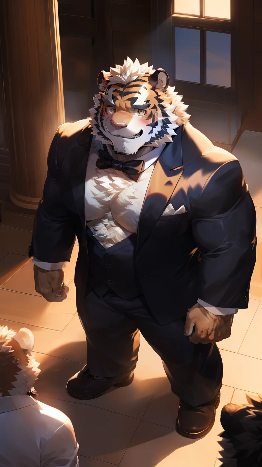 Solitary, anthropology, hairy, hairy male, Tiger, ((Fluffy fur, Fluffy, hairy body)), (Tiger印), (short beard), youth, Gray body, muscular, White, Big muscles, Golden pupils, Tail, deTailed teeth, deTailed face, Fundos, bridegroom, (Black suit suit), (Black bow tie), Holding a bouquet of white roses, 害羞的站在church门前, deTailed Fluffy fur, deTailed face, ((Look up at the audience)), majestic, barbarous, A faint smile, Blushing, Strong, church, White dove, Half sideways, ((Top view)), (through empty ghost, From tiger26, masterpiece, high quality, high resolution,8k), permanent, Full body portrait, outdoor,