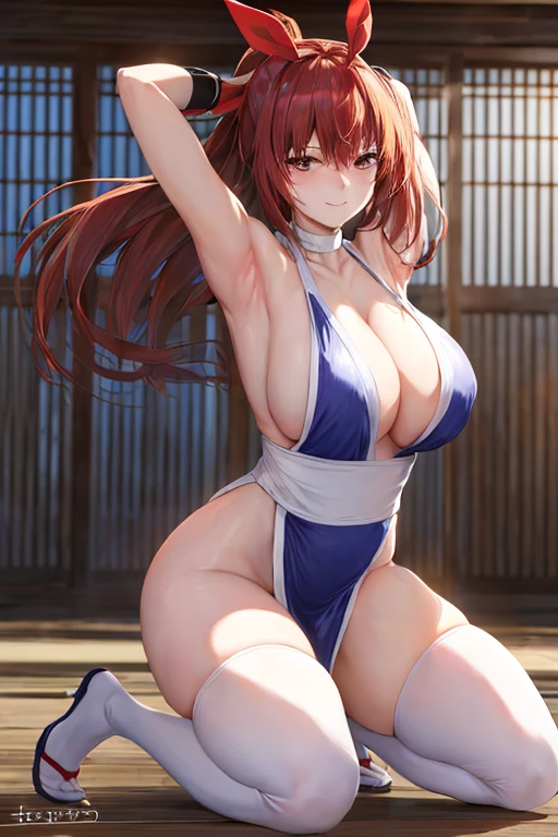 masterpiece, best quality, beautiful art, high resolution, well formed hands, body and fingers, 1 woman, solo, Yotsuba Nakano, grown up, hair ribbon , adult, big breasted, cleavage, full body, long hair, hair ribbon, gorgeous legs and thighs, blue_kunoichi_dress, white stockings, sleeveless, she is fighting in a combat match at a martial arts tournament, she is getting ready to fight, making her guard pose, action and fighting scene, about to hit the viewer, looking at the viewer, sweating , feeling confident and proud, smiling joyfully and happily, charming her opponent with her beauty, fighting scene, martial arts tournament on the beach