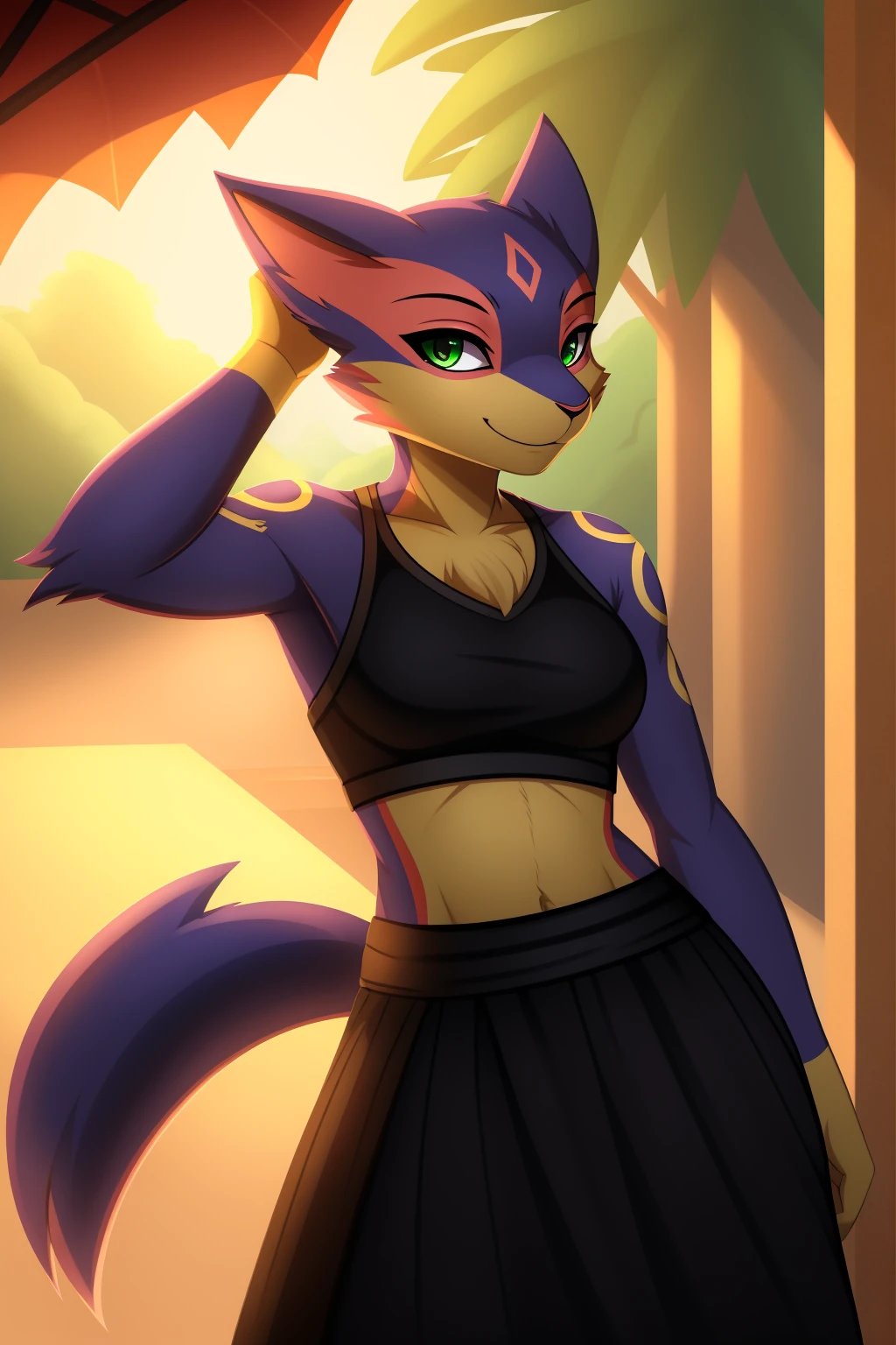 By zinfyuu on pixiv,by twistedscarlet60, uploaded on pixiv, by fluff-kevlar, (masterpiece), (best quality), (anthro furry:1.3, snout:1.2, anthro:1.3, furry:1.2, solo female:1.2), (extremely detailed:1.3), (Detailed eye part: White lens,green iris,black cornea), tall, slim body, sweet smile, wear Black tshirt and long skirt, liepard