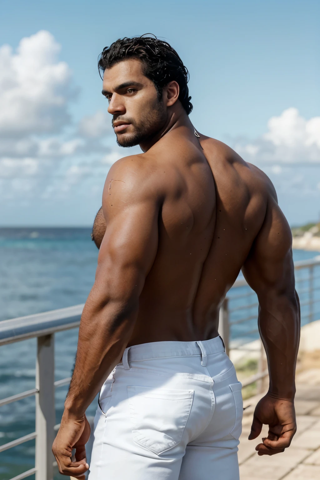 Un hombre negro con la cara se parece a Henry Cavill. Black man, Su cuerpo es musculoso y pectoral definido. paquete de seis. ingle. Cochas, pelo contra el viento. barba dentada.  Big butt, in a moment of reflection. Full body. Fajado, White Jeans backside