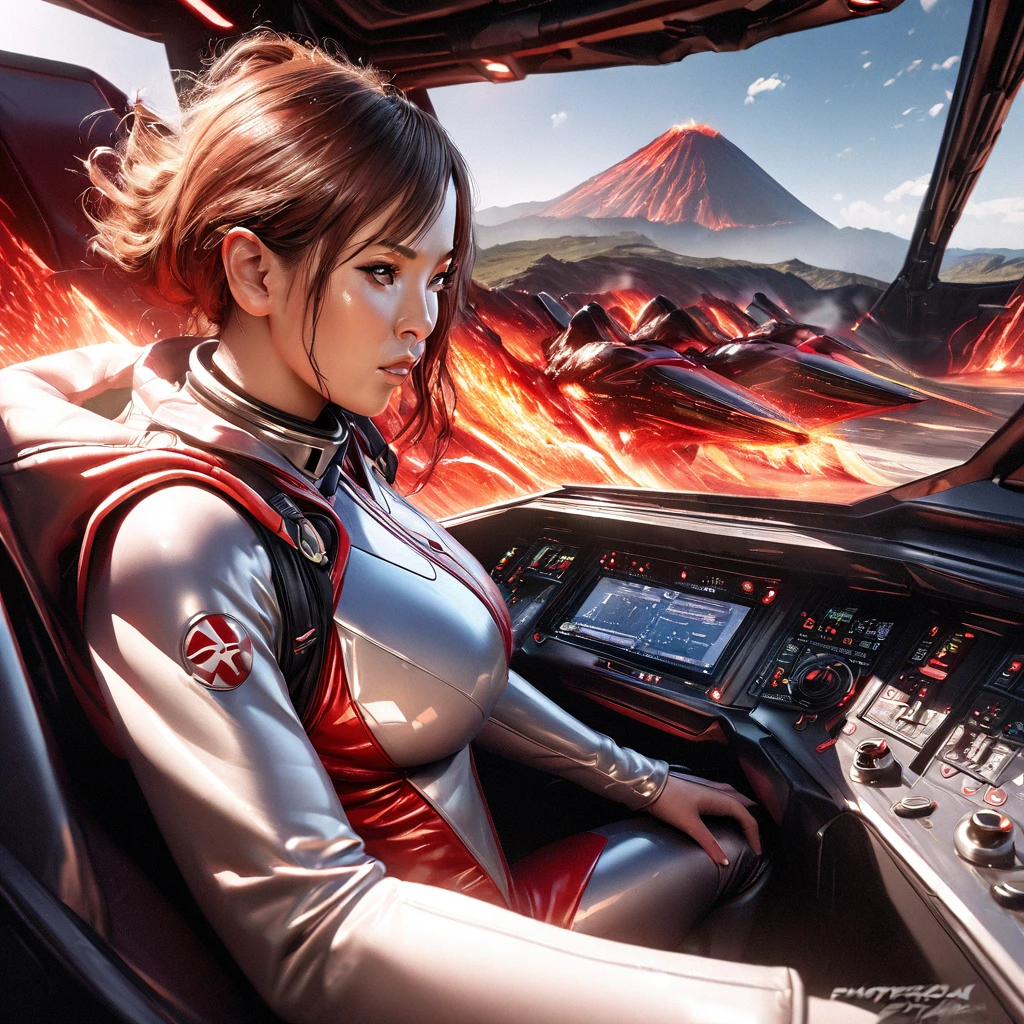 (best quality,4k,highres,masterpiece:1.2),ultra-detailed,(realistic,photorealistic,photo-realistic:1.37),illustration,er Voltron red lion,pilot outfit,sexy,high tech,cute woman,cockpit,near a volcano,metallic textures,fiery reds,smoke,hot temperatures,expertly crafted suit,intense lighting,emerging steam,commanding presence,shiny surfaces,detailed buttons,glowing monitors,adrenaline rush,levers and knobs,natural backlighting,distorted heatwaves,digital displays,highly detailed cockpit controls,exhaust vents,contrast with the rugged volcano,reflective surfaces