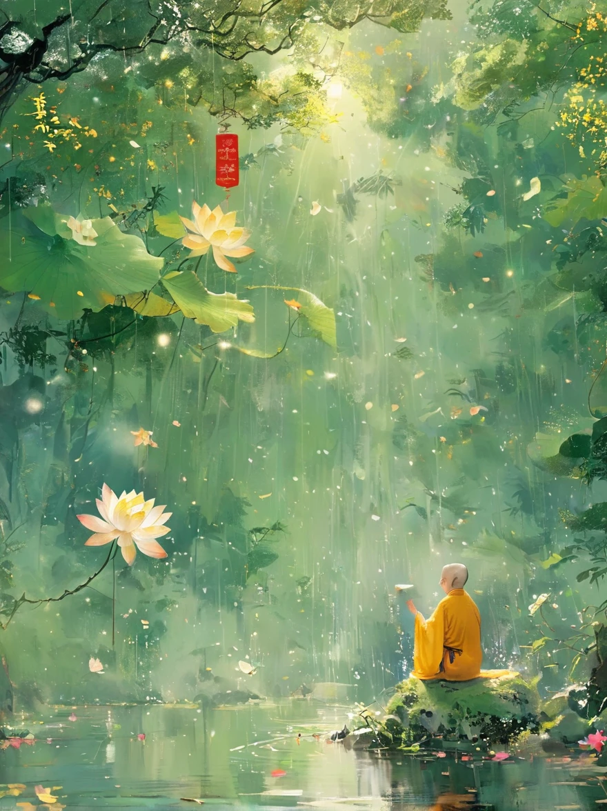 Sensible, Elderly Taoist monk sitting in lotus position, Suspended on a mossy stone，Surrounded by a floating lotus, In an old forest with dense leaves, The cyan robe has golden cloud patterns on it., Ancient calligraphic symbols swirl around him, A circle of golden light descended from the sky, Sacred and peaceful atmosphere, Forest creatures and peaceful observation, The scent of sandalwood, The sound of a mountain stream, Mysterious scene.(best quality,4K,8k,high resolution,masterpiece:1.2),Super detailed,Intricate details,The award-winning,Movie Lighting,dramatic shadows,Rich in details,Volumetric Lighting,脸部Rich in details,Elegant composition,atmosphere,paisagem de fantasia,Studio Ghibli style