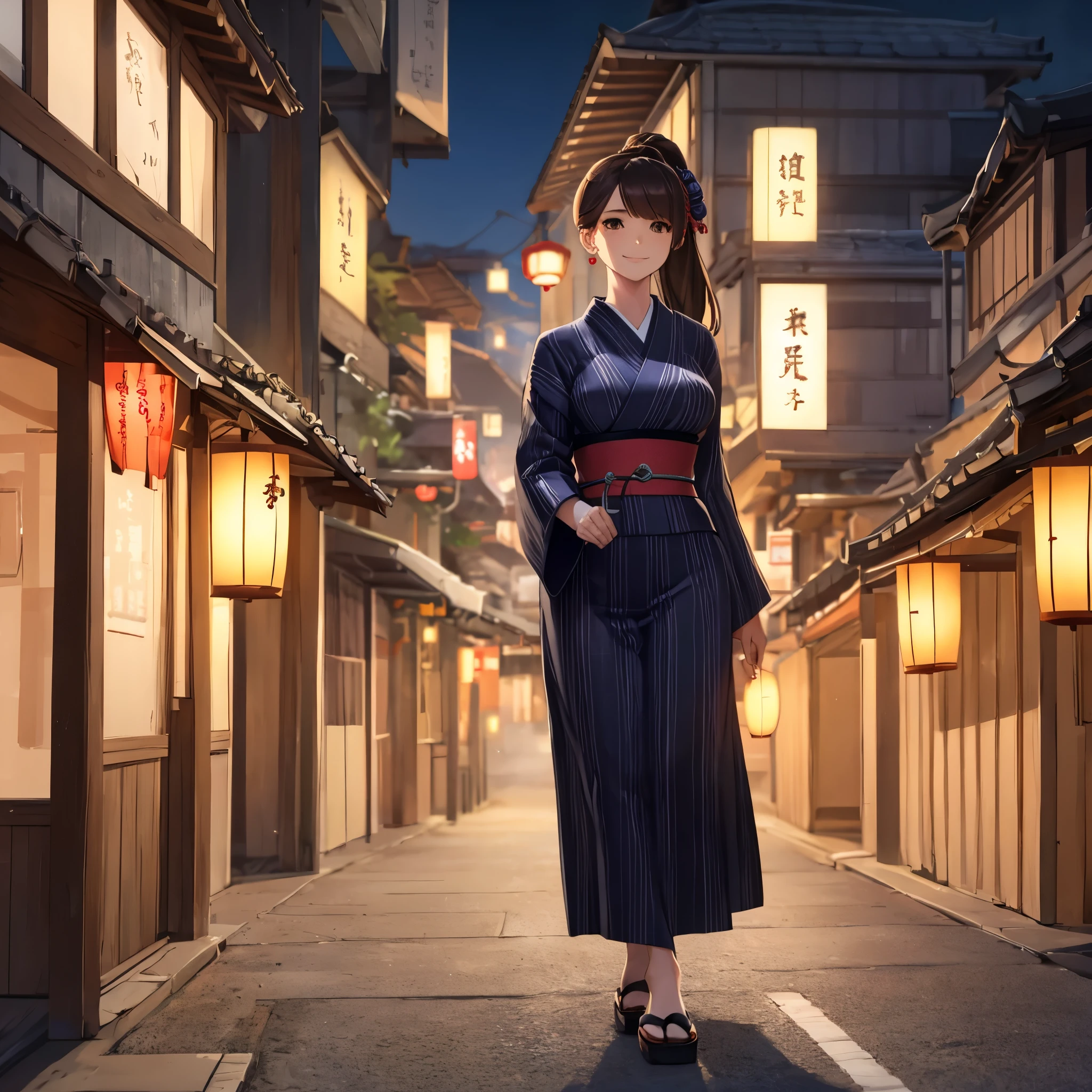 A woman wearing a long-sleeved Yukata, long skirt, white yukata with black details, wearing traditional Japanese shoes, long brown hair, brown eyes, ponytail hair, smiling, full body, walking on a concrete sidewalk, overlooking a Japanese city well below the place, at night, with traditional Japanese street lighting, a darkened place with lighting, shadow projected, atmospheric perspective, flourish, 8k, super detail, accurate, best quality, UHD, anatomically correct, textured skin, high quality, high resolution, best quality (solo woman)
