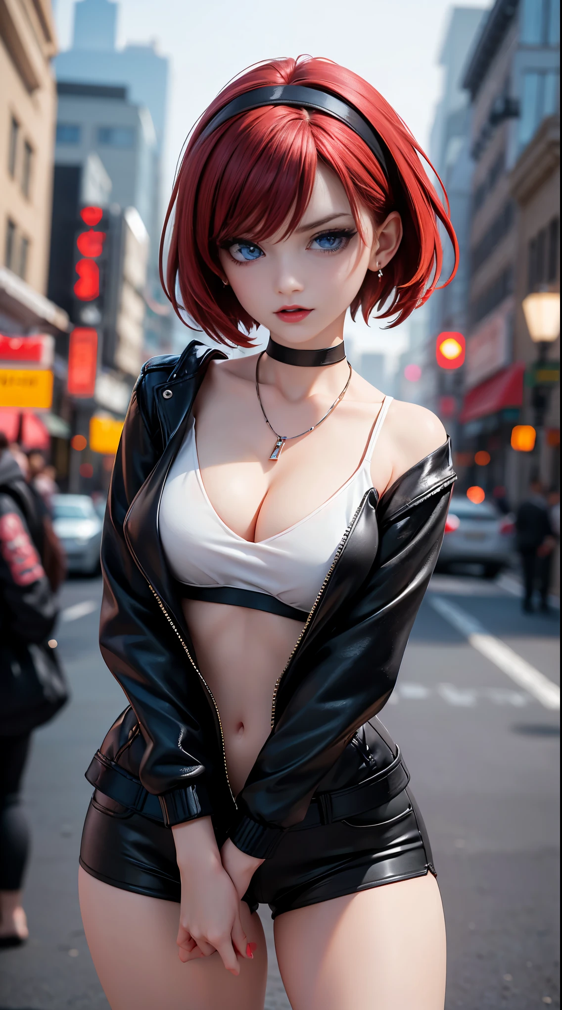 1 beautiful woman, 20 years old, pale white skin (very detailed and delicate skin), bright blue eyes (vampire eyes) (very detailed and expressive eyes), black and red hair, short hair, perfect body, perfect abdomen, perfectly butt round, makeup, red lips, dainty earrings, dainty necklace, choker, hair band, look at viewer, white sports bra, black jacket, tight black shorts, sexy pose, in the city, (masterpiece), (8K ), (cinematic lighting, (photorealistic), (minute details)