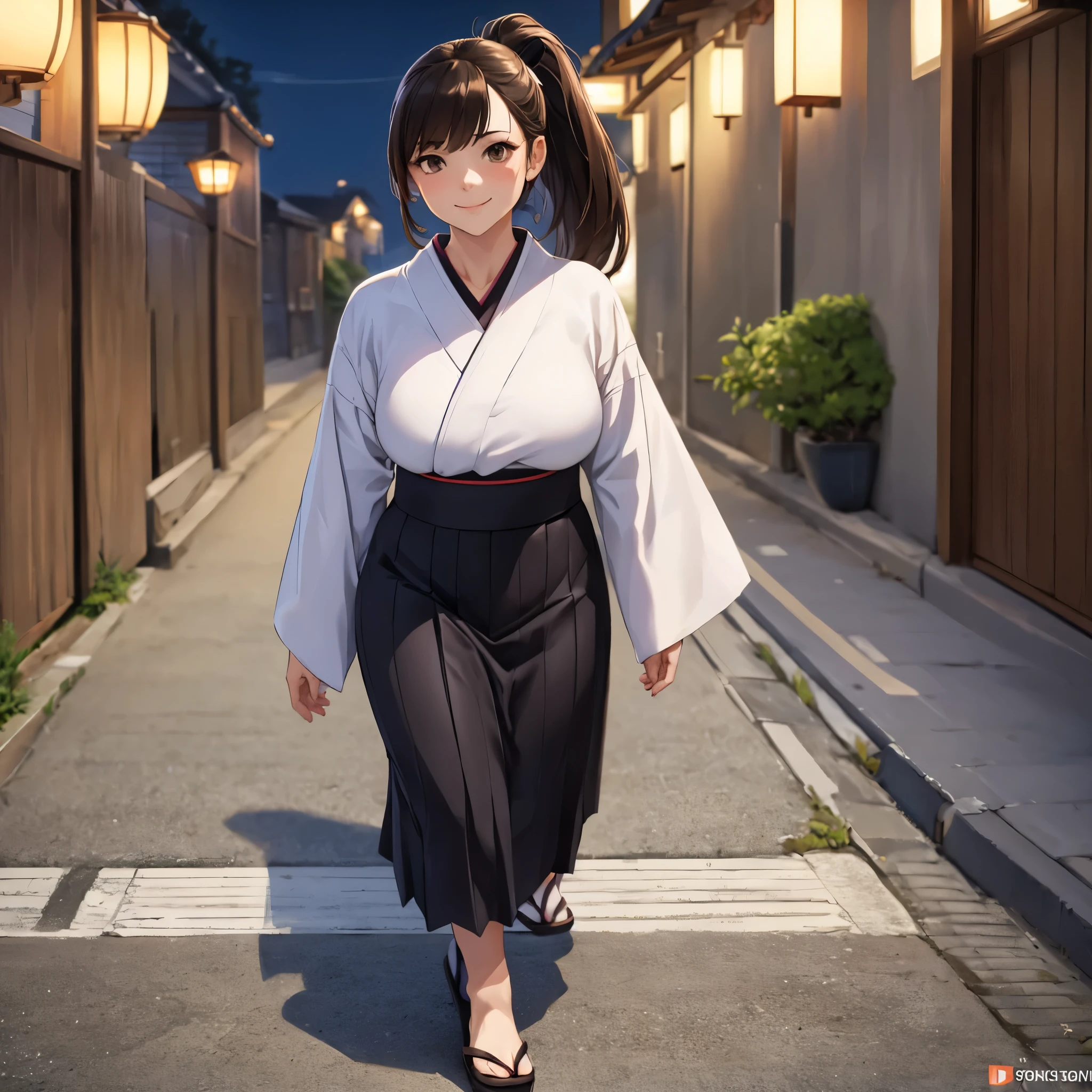 A woman wearing a long-sleeved Yukata, long skirt, white yukata with black details, wearing traditional Japanese shoes, long brown hair, brown eyes, ponytail hair, smiling, full body, walking on a concrete sidewalk, overlooking a Japanese city well below the place, at night, with traditional Japanese street lighting, a darkened place with lighting, shadow projected, atmospheric perspective, flourish, 8k, super detail, accurate, best quality, UHD, anatomically correct, textured skin, high quality, high resolution, best quality (solo woman)
