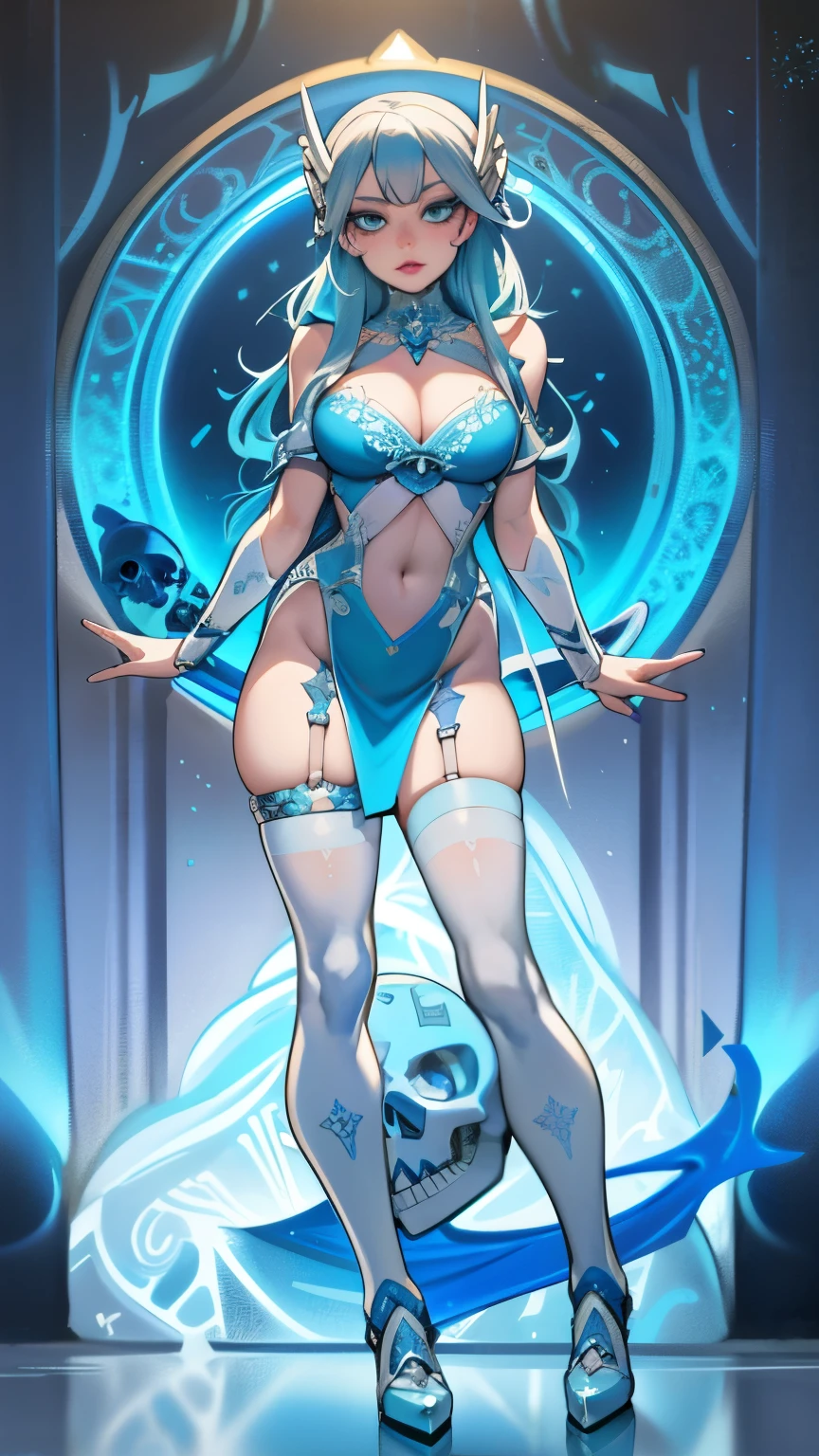 (best quality, highres, ice skull:1.1), ice skull, girl style, thick body art, detailed facial features, icy blue eyes, glossy lips, long eyelashes, porcelain skin, blue and silver color scheme, intricate skull design, realistic texture, vibrant colors, elaborate background, mysterious atmosphere, frozen garden, snow-covered trees, sparkling ice crystals, surreal lighting, fantasy elements
