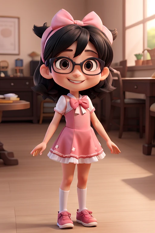 3d character, 8 years old girl, pink dress with bows, white skin with long straight black hair with a black eye color, thin nose, front position with a thin body, wearing glasses, an anime headband, full body and smiling., spread legs