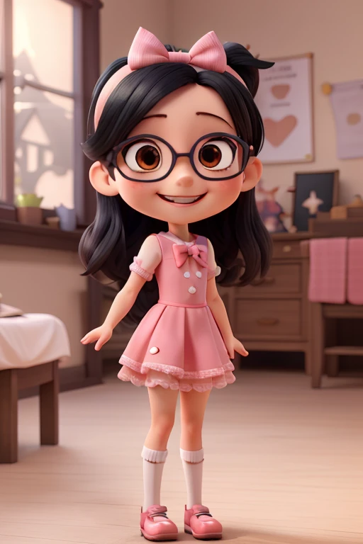 3d character, 8 years old girl, pink dress with bows, white skin with long straight black hair with a black eye color, thin nose, front position with a thin body, wearing glasses, an anime headband, full body and smiling., spread legs 