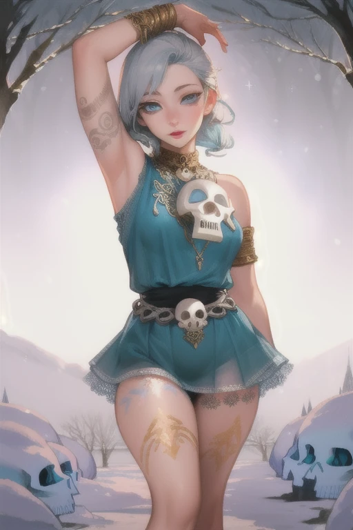 (best quality, highres, ice skull:1.1), ice skull, girl style, thick body art, detailed facial features, icy blue eyes, glossy lips, long eyelashes, porcelain skin, blue and silver color scheme, intricate skull design, realistic texture, vibrant colors, elaborate background, mysterious atmosphere, frozen garden, snow-covered trees, sparkling ice crystals, surreal lighting, fantasy elements
