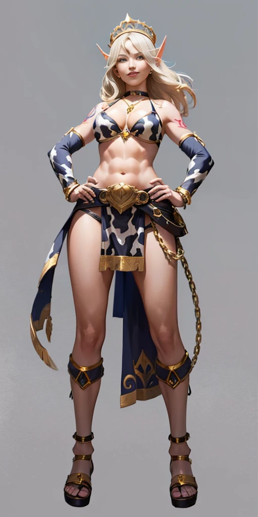 ((plain background:1.2)) ((1girl)) full body, standing, elf, mature, detailed happy face, purple eyes, blonde hair, black and white bikini (cow print bikini) (detached sleeves and stockings like ciw print) abs, big knockers, golden chain collar, stomach tattoo (red tattoo under belly button) (navel) whole body, 1solo (girl), slave fighter, loincloth standing, hands on hips, metal sandals, choker, big belt, looking to viewer, view from below, cow boy shot, far shoot, feet together, bracers, tiara