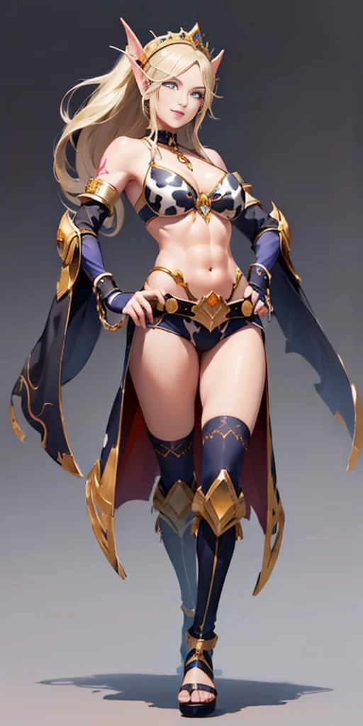 ((plain background:1.2)) ((1girl)) full body, standing, elf, mature, detailed happy face, purple eyes, blonde hair, black and white bikini (cow print bikini) (detached sleeves and stockings like ciw print) abs, big knockers, golden chain collar, stomach tattoo (red tattoo under belly button) (navel) whole body, 1solo (girl), slave fighter, loincloth standing, hands on hips, metal sandals, choker, big belt, looking to viewer, view from below, cow boy shot, far shoot, feet together, bracers, tiara