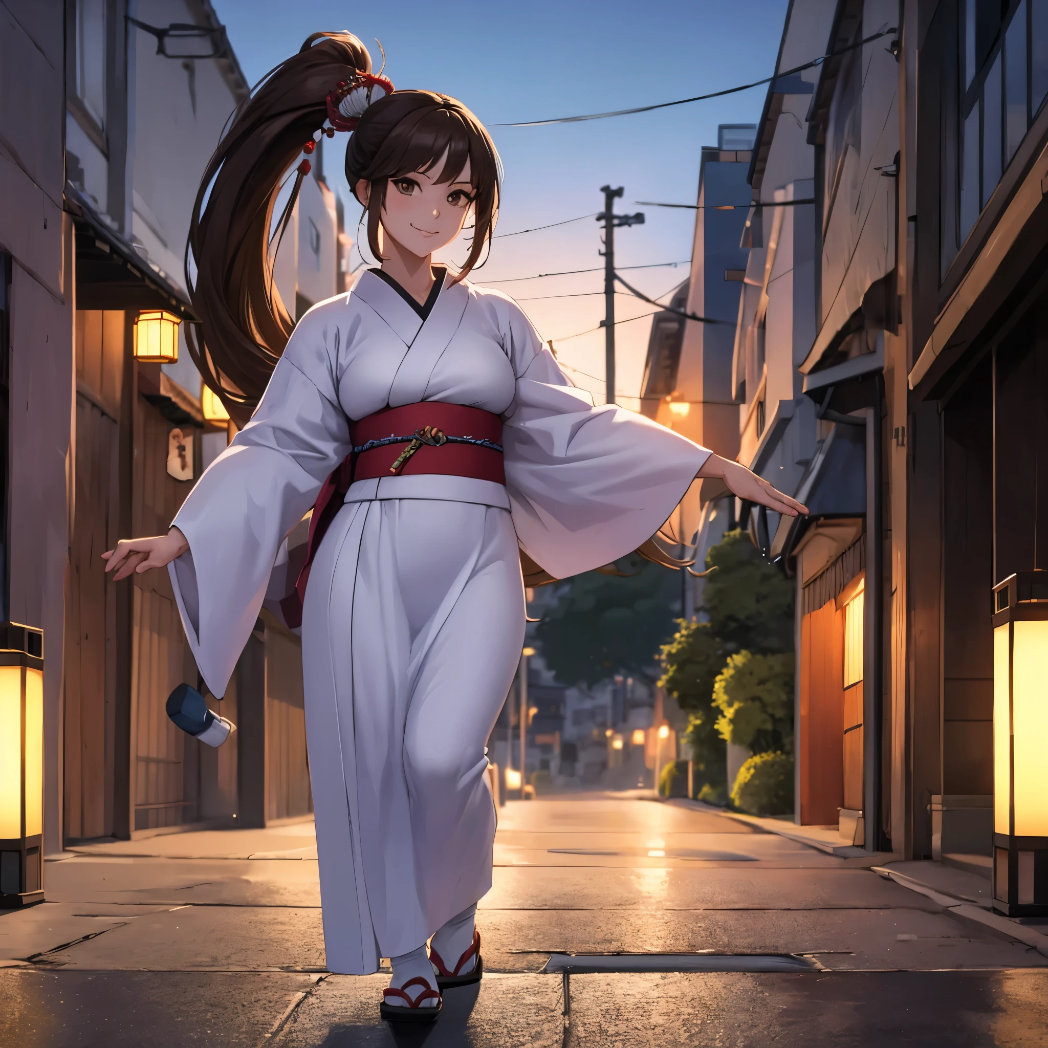 A woman wearing a long-sleeved Yukata, long skirt, white yukata with black details, wearing traditional Japanese shoes, long brown hair, brown eyes, ponytail hair, smiling, full body, walking on a concrete sidewalk, overlooking a Japanese city well below the place, at night, with traditional Japanese street lighting, a darkened place with lighting, shadow projected, atmospheric perspective, flourish, 8k, super detail, accurate, best quality, UHD, anatomically correct, textured skin, high quality, high resolution, best quality (solo woman)
