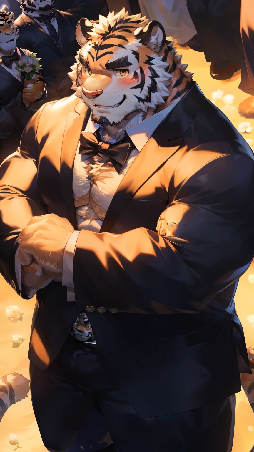 Solitary, anthropology, hairy, hairy male, Tiger, ((Fluffy fur, Fluffy, hairy body)), (Tiger印), (short beard), youth, Gray body, muscular, White, Big muscles, Golden pupils, Tail, deTailed teeth, deTailed face, Fundos, bridegroom, (Black suit suit), (Black bow tie), Holding a bouquet of white roses, 害羞的站在church门前, deTailed Fluffy fur, deTailed face, ((Look up at the audience)), majestic, barbarous, A faint smile, Blushing, Strong, church, White dove, Half sideways, ((Top view)), (through empty ghost, From tiger26, masterpiece, high quality, high resolution,8k), permanent, Full body portrait, outdoor,